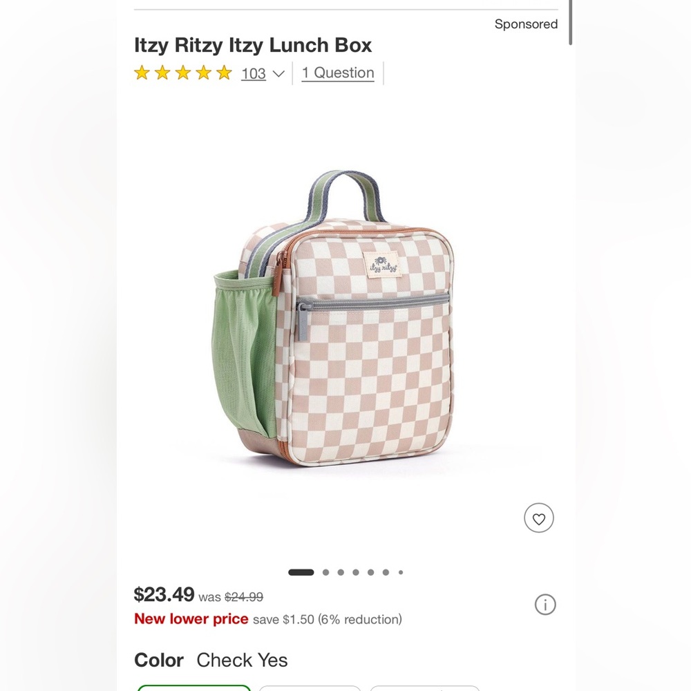 Brand New-Itzy Ritzy Checkered Lunch Box - Cream and Green
